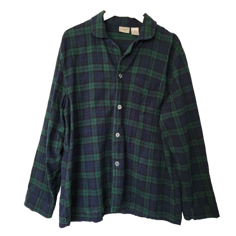 LL Bean Flannel Shirt Mens L Green Blue Plaid 100% Cotton Casual Cabin Workwear